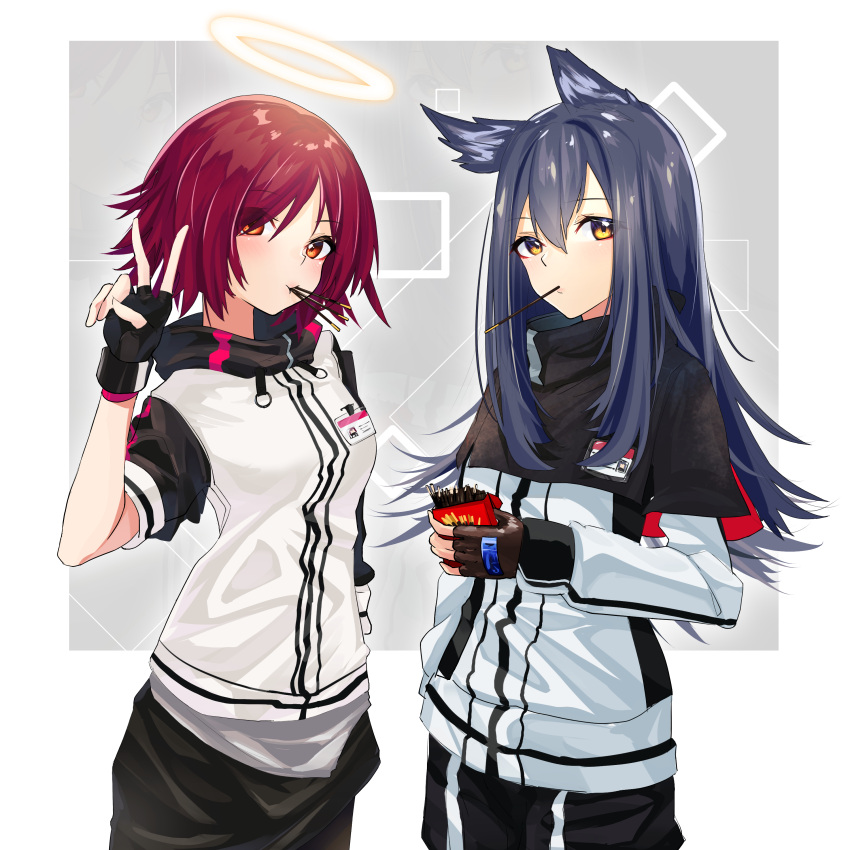 2girls :t absurdres animal_ears arknights bangs black_capelet black_gloves black_hair blush breasts brown_eyes capelet commentary_request cowboy_shot exusiai_(arknights) eyebrows_visible_through_hair food food_in_mouth gloves hair_between_eyes halo hand_up high_collar highres holding id_card jacket long_hair long_sleeves looking_at_viewer medium_breasts mouth_hold multiple_girls pocky raglan_sleeves red_eyes redhead short_hair short_sleeves standing texas_(arknights) v white_jacket wolf_ears you'a