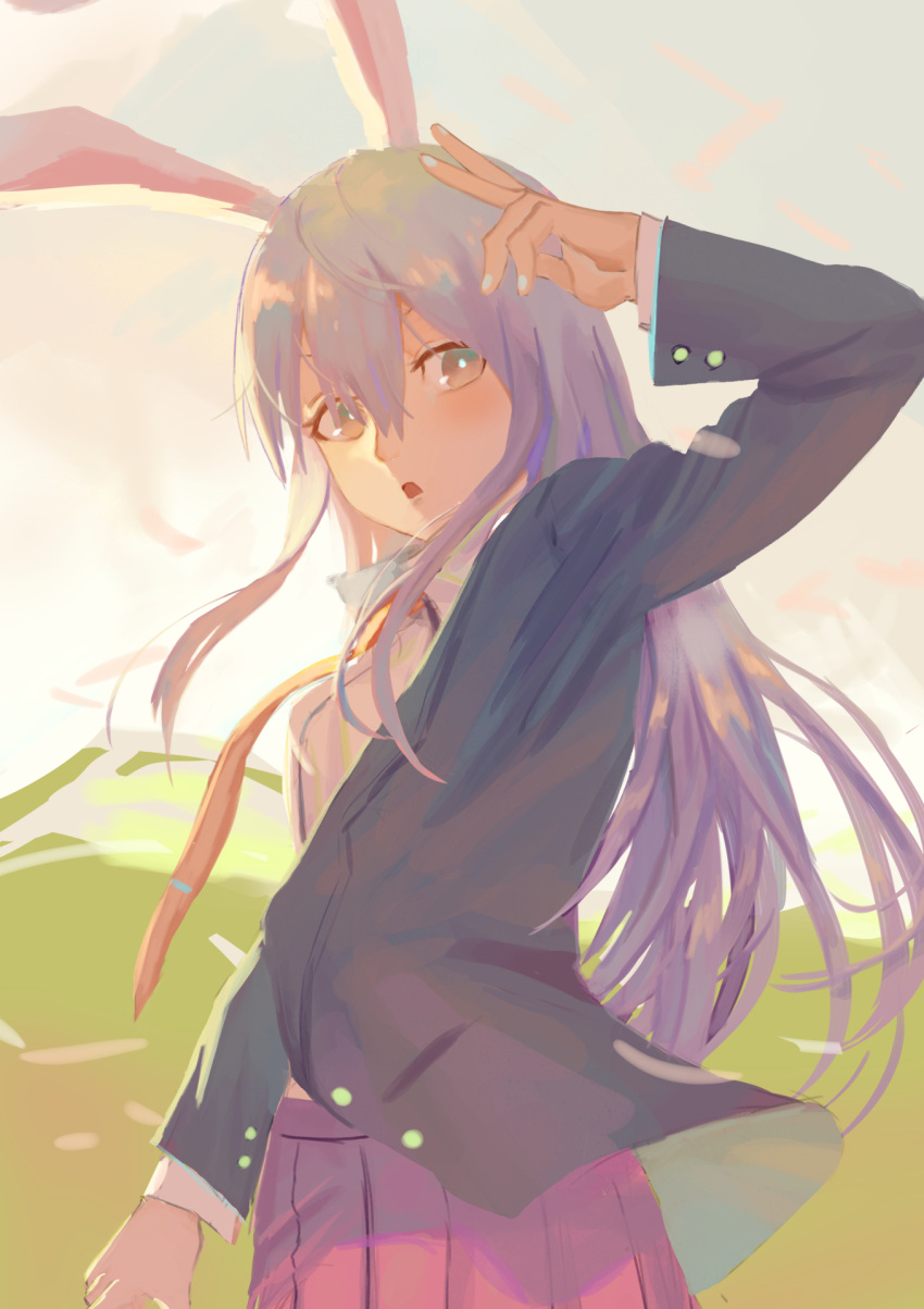 1girl animal_ears bangs black_jacket brown_eyes bunny_girl dress_shirt floating_hair from_behind grey_background hair_between_eyes highres jacket long_hair long_sleeves looking_at_viewer open_mouth orange_neckwear pink_skirt pleated_skirt rabbit_ears reisen_udongein_inaba school_uniform shiny shiny_hair shirt silver_hair simple_background skirt solo standing touhou very_long_hair vinkyfre white_shirt