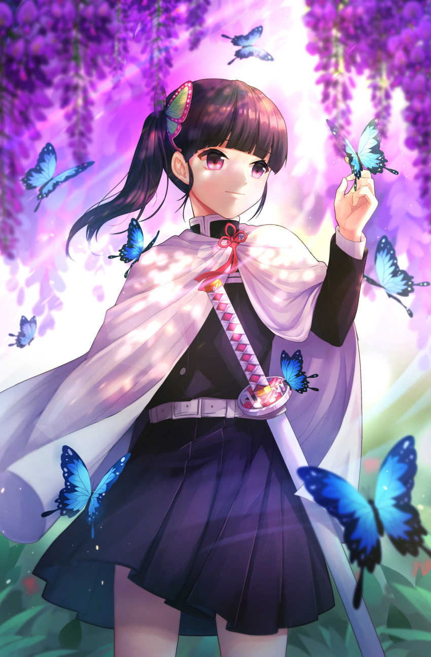 1girl bangs black_hair black_jacket black_skirt blunt_bangs blurry blurry_background butterfly_hair_ornament butterfly_on_hand cape closed_mouth cowboy_shot flower hair_ornament highres jacket kimetsu_no_yaiba long_hair long_sleeves miniskirt pink_eyes pleated_skirt plus1024 sheath sheathed shiny shiny_hair side_ponytail skirt smile solo standing sword tsuyuri_kanao weapon white_cape wisteria