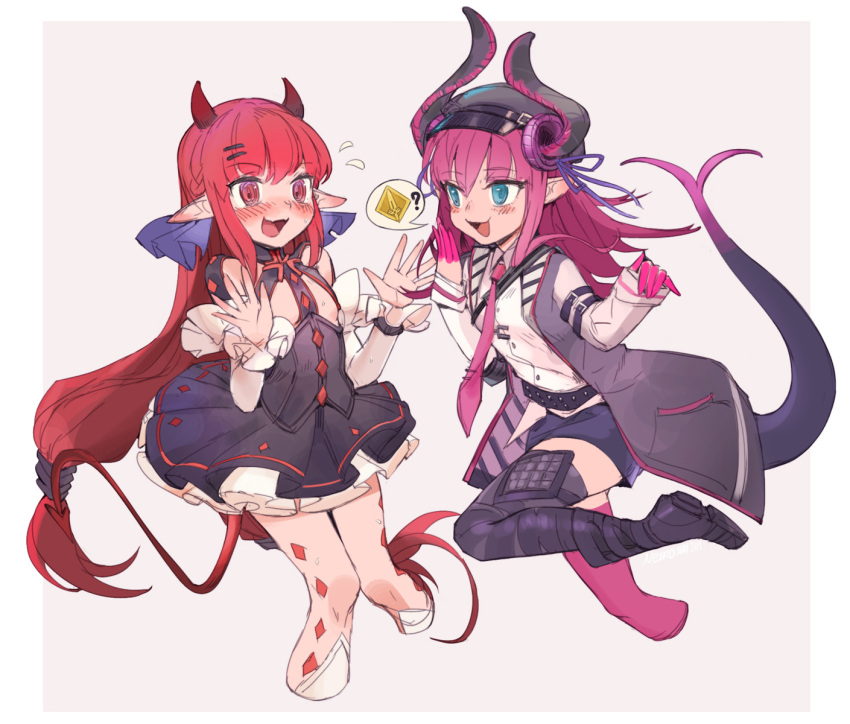 2girls ? arknights belt blue_eyes blush boots demon_horns demon_tail dragon_horns dragon_tail dress elizabeth_bathory_(fate) elizabeth_bathory_(fate)_(all) fate/grand_order fate_(series) hat highres horns jacket long_hair multiple_girls necktie nemo_(leafnight) open_mouth pink_hair redhead sweatdrop tail tied_hair vigna_(arknights)