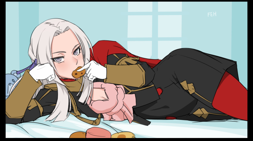 1girl cape cookie covered_navel cute eating edelgard_von_hresvelg fire_emblem fire_emblem:_three_houses fire_emblem:_three_houses fire_emblem_16 food garreg_mach_monastery_uniform gloves hair_ribbon intelligent_systems long_hair mikoyan nintendo red_cape ribbon silver_hair solo stuffed_animal stuffed_toy teddy_bear white_gloves window