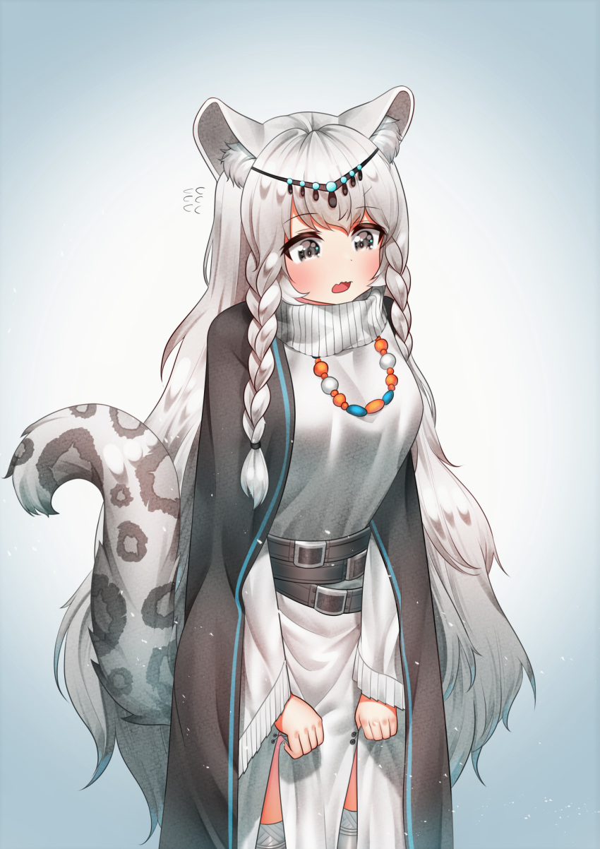 1girl animal_ear_fluff animal_ears arknights bangs bead_necklace beads belt black_belt blue_background blush braid breasts commentary cowboy_shot deaver dress eyebrows_visible_through_hair gradient gradient_background grey_background grey_eyes head_chain highres jewelry leopard_ears leopard_tail long_hair long_sleeves medium_breasts necklace open_mouth pramanix_(arknights) silver_hair solo standing tail thigh-highs turtleneck_dress twin_braids very_long_hair white_dress white_legwear