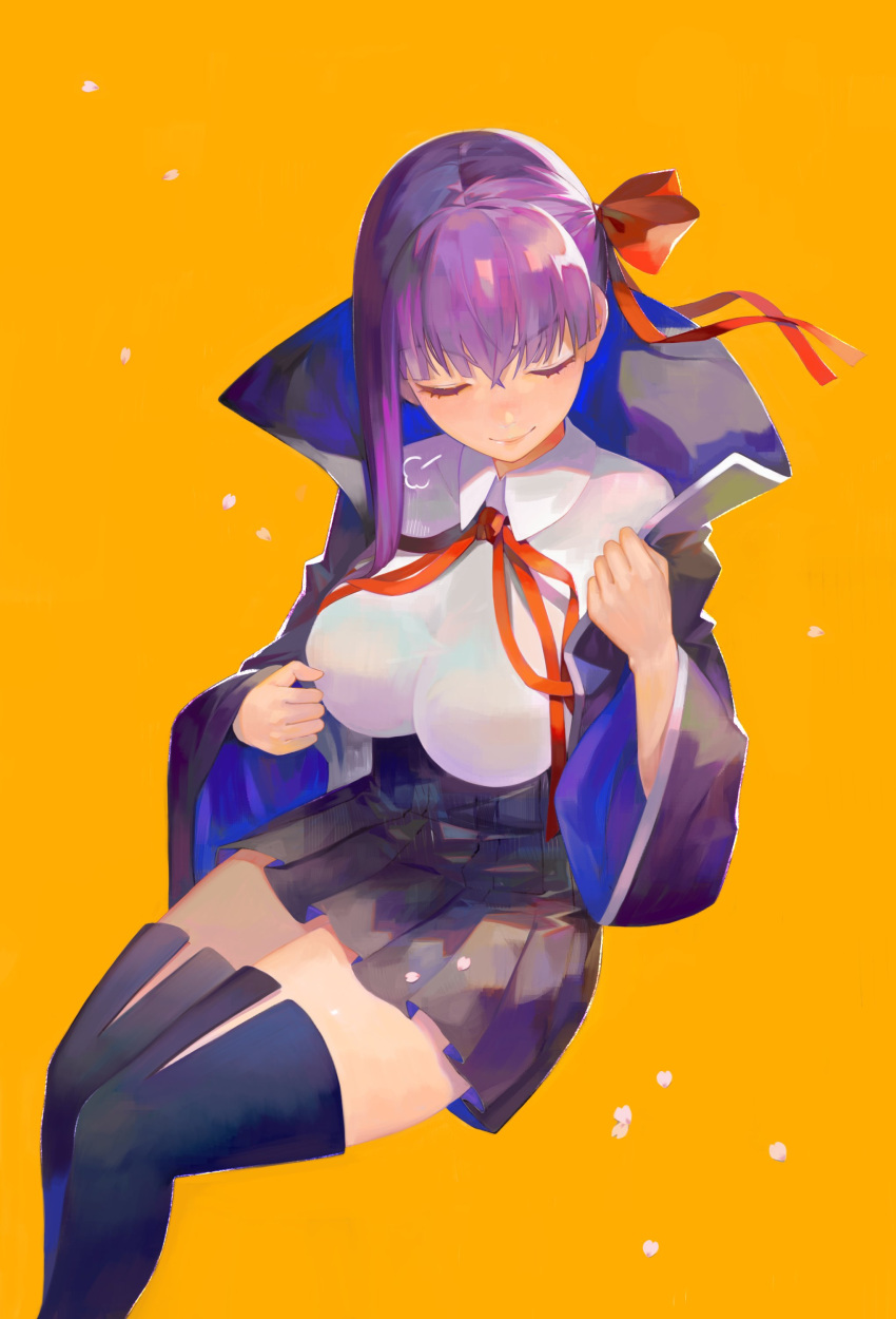 1girl absurdres bangs bb_(fate)_(all) black_legwear black_skirt breasts cape closed_eyes collared_shirt fate/extra fate/extra_ccc fate/grand_order fate_(series) feet_out_of_frame highres invisible_chair large_breasts long_hair long_sleeves orange_background petals pleated_skirt purple_hair red_neckwear shirt simple_background sitting skirt smile solo thigh-highs ugusu24 white_shirt wide_sleeves zettai_ryouiki