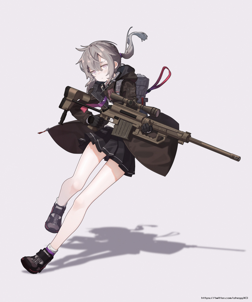 1girl absurdres bangs black_gloves black_skirt blush bolt_action brown_jacket cheytac_m200 closed_eyes clothes_writing eggplus full_body girls_frontline gloves grey_background grey_hair gun hair_between_eyes headphones headphones_around_neck highres holding holding_gun holding_weapon huge_filesize jacket long_hair long_sleeves m200_(girls_frontline) pleated_skirt ponytail rifle shadow shoes simple_background skirt sneakers sniper_rifle solo twitter_username violet_eyes watermark weapon web_address