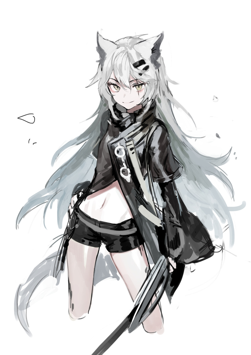 1girl animal_ears arknights black_jacket black_shorts cropped_legs grey_eyes grey_hair hair_ornament hairclip highres holding holding_sword holding_weapon jacket lappland_(arknights) long_hair long_sleeves looking_at_viewer navel scar scar_across_eye short_shorts shorts sketch solo soyoong_jun stomach sword thighs very_long_hair weapon wolf_ears