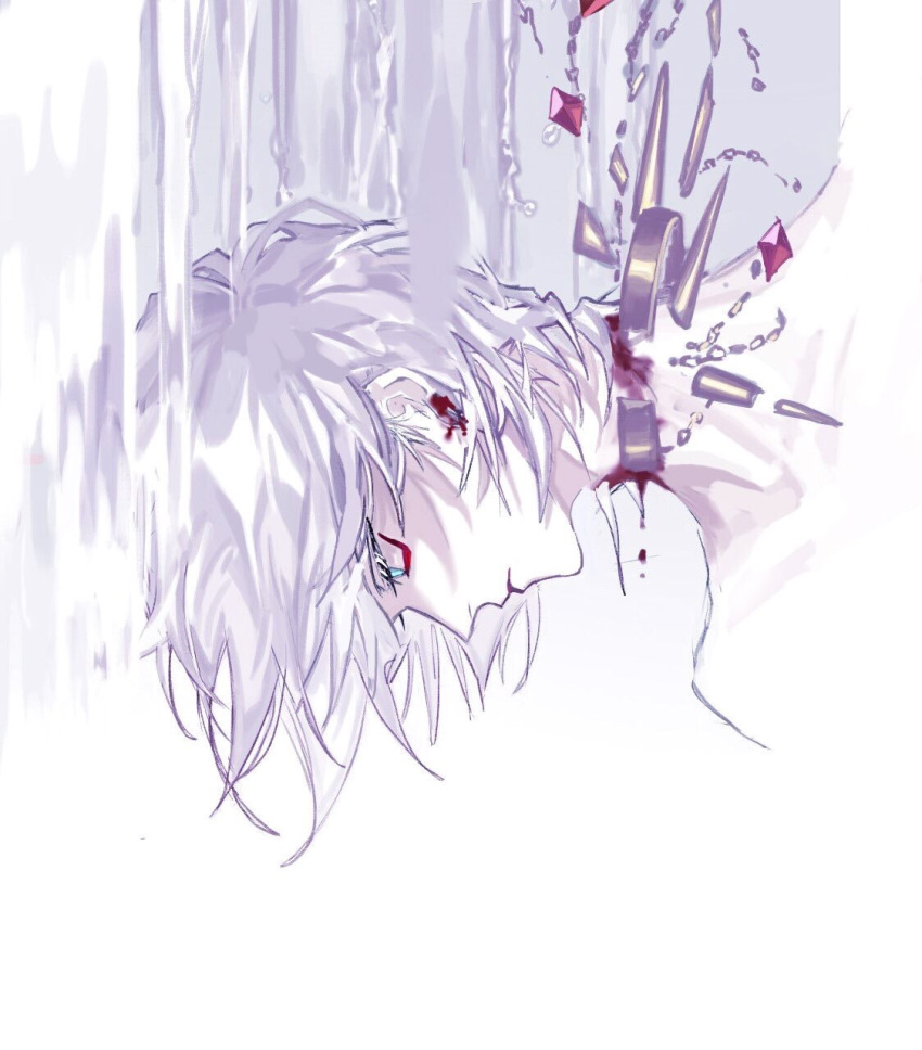 1boy bleeding blood blue_eyes bruise bruise_on_neck collar damaged earring_removed expressionless fate/apocrypha fate_(series) highres injury karna_(fate) male_focus mchi red_eyeshadow solo spiked_collar spikes water white_hair white_skin white_theme