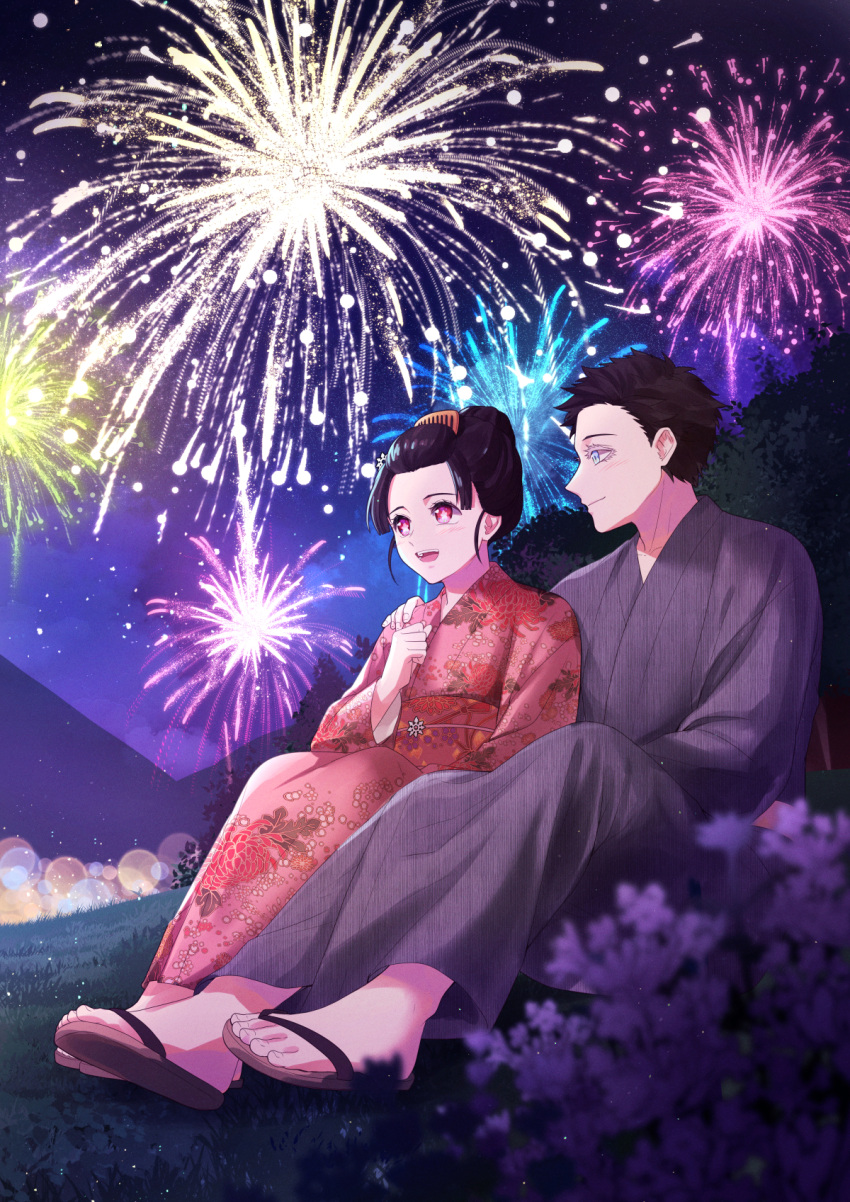 1boy 1girl black_hair character_request couple day fireworks floral_print grey_kimono hand_on_another's_shoulder highres japanese_clothes kimetsu_no_yaiba kimono long_sleeves outdoors pink_eyes pink_kimono plus1024 print_kimono purple_sky shiny shiny_hair short_hair tied_hair