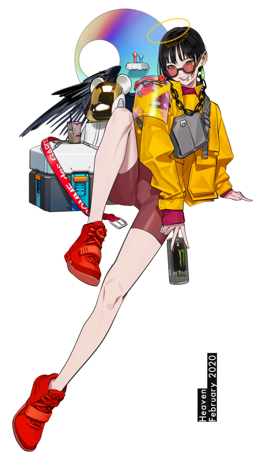 1girl absurdres bag bangs bird_wings black_hair black_wings box can chain collar dated drink ear_piercing earrings energy_drink english_text full_body green_nails grey_bag grey_eyes halo heaven highres holding holding_can jacket jewelry leg_up long_sleeves looking_at_viewer loot_box mask medium_hair mole mole_under_eye monster_energy nail_polish open_mouth original piercing pink_shorts red_footwear shoelaces shoes shorts simple_background sitting smile sneakers solo sugimoto_gang teeth tin_can v white_background wings yellow_jacket