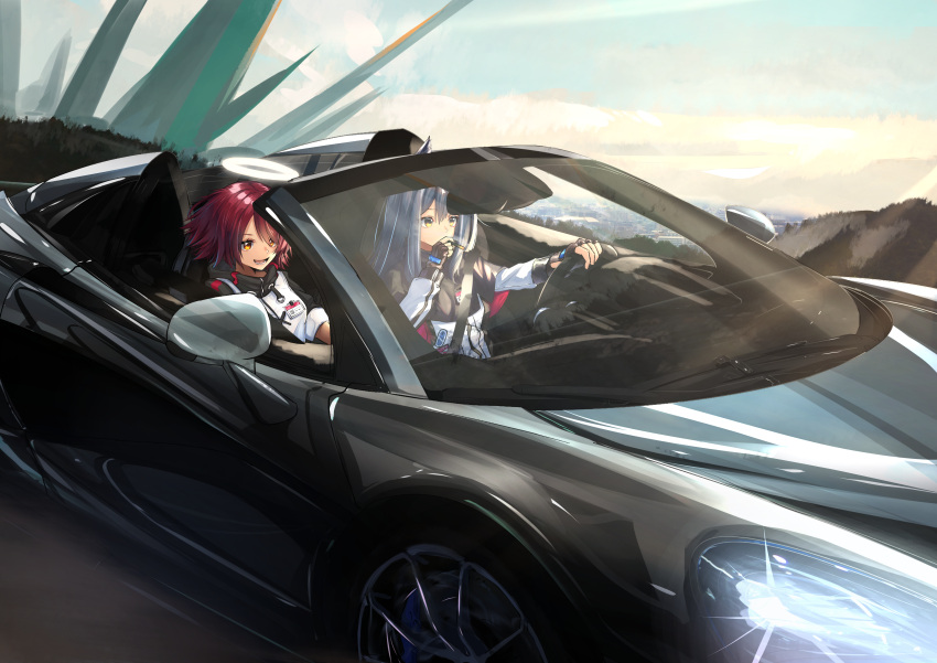 2girls :d absurdres arknights bangs black_capelet black_hair brown_eyes capelet car cigarette commentary_request driving exusiai_(arknights) ground_vehicle hair_between_eyes halo hand_up highres holding holding_cigarette jacket long_hair long_sleeves motor_vehicle multiple_girls open_mouth raglan_sleeves red_eyes redhead short_hair short_sleeves smile texas_(arknights) white_jacket you'a