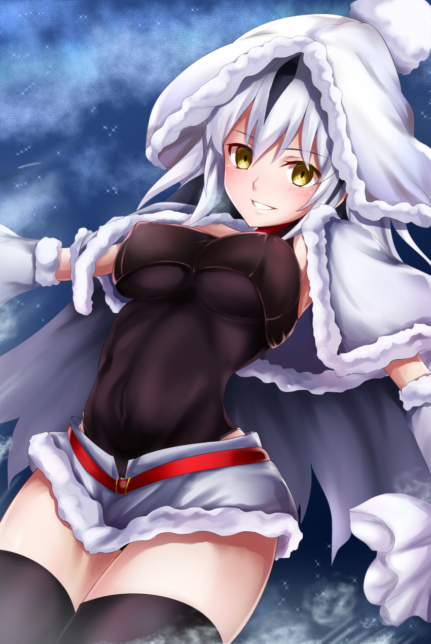 1girl armpits bangs belt black_hair black_legwear black_leotard black_shirt blush breasts capelet commentary_request covered_navel covered_nipples cowboy_shot crop_top detached_sleeves eyebrows_visible_through_hair fate/grand_order fate_(series) fur-trimmed_capelet fur-trimmed_hood fur-trimmed_skirt fur-trimmed_sleeves fur_trim grin hair_between_eyes highres leotard long_hair looking_at_viewer medium_breasts multicolored_hair nagao_kagetora_(fate) nagishy night night_sky red_belt shirt sidelocks skirt sky smile solo star_(sky) starry_sky streaked_hair thigh-highs thighs two-tone_hair very_long_hair white_capelet white_hair white_hood white_skirt white_sleeves wide_sleeves yellow_eyes