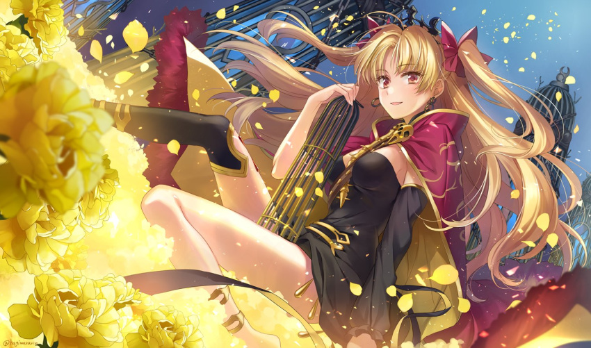 1girl asymmetrical_legwear asymmetrical_sleeves bangs between_breasts birdcage black_dress black_legwear blonde_hair blush breasts cage cape detached_collar dress earrings ereshkigal_(fate/grand_order) fate/grand_order fate_(series) field flower flower_field fur-trimmed_cape fur_trim gold_trim hagiwara_rin hoop_earrings infinity jewelry long_hair looking_at_viewer medium_breasts open_mouth parted_bangs red_cape red_eyes short_dress single_sleeve single_thighhigh sitting skull smile solo spine thigh-highs tiara two_side_up