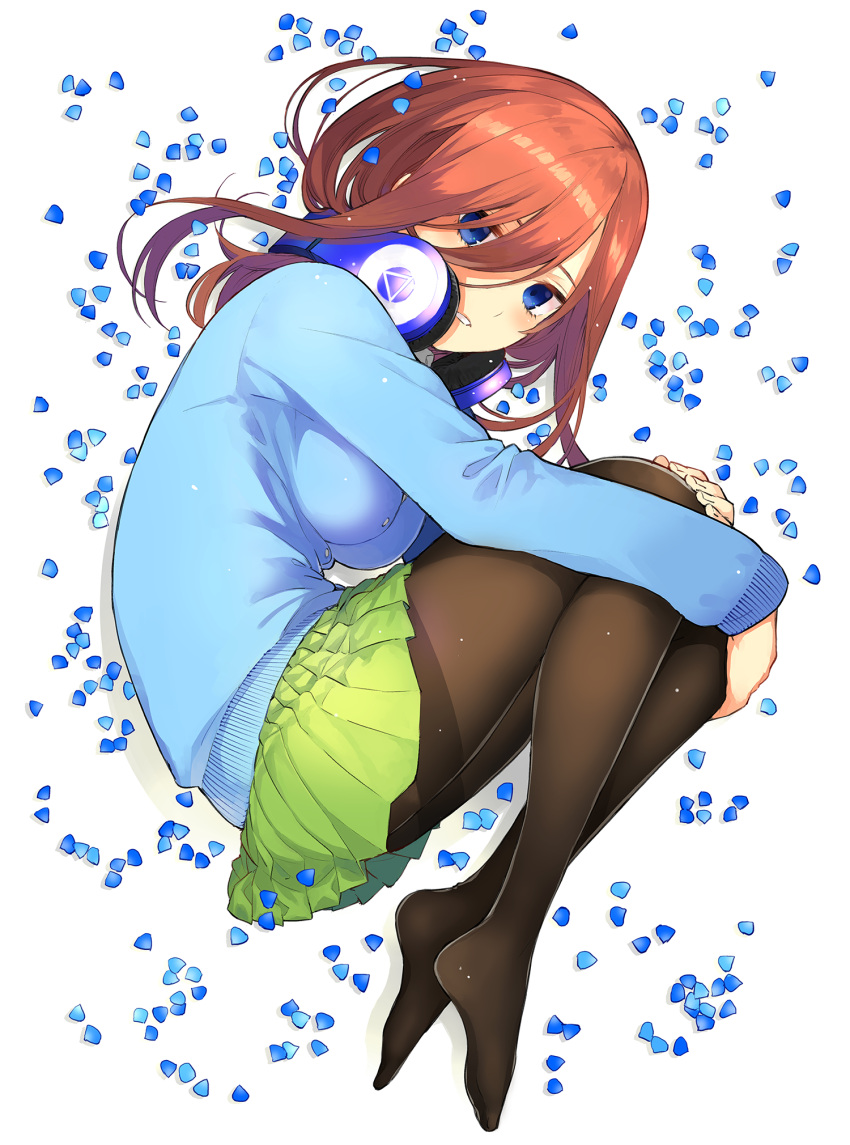 1girl bangs black_legwear blue_cardigan blue_eyes blush breasts brown_hair cardigan commentary_request cover cover_page fetal_position from_above full_body go-toubun_no_hanayome green_skirt hair_between_eyes hair_over_one_eye haruba_negi headphones headphones_around_neck highres large_breasts leg_hug long_hair long_sleeves looking_at_viewer lying nakano_miku no_shoes official_art on_side pantyhose parted_lips petals pleated_skirt school_uniform shadow shiny shiny_hair sidelocks simple_background skirt solo thighband_pantyhose white_background