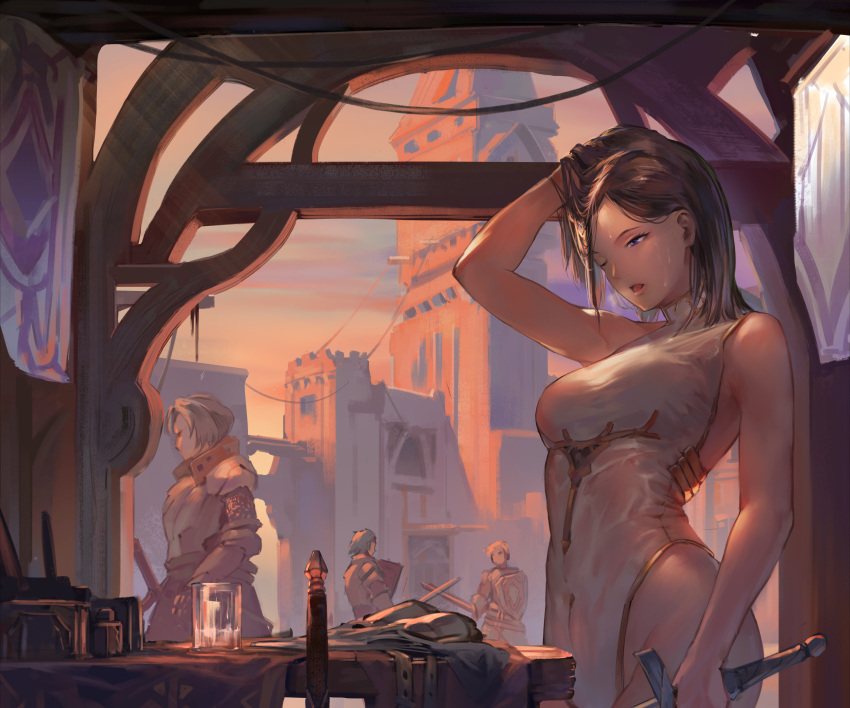 1girl 3boys absurdres armor blue_eyes breasts brown_hair commentary_request cup drinking_glass hand_in_hair highres holding holding_sword holding_weapon lhsx medium_breasts medium_hair multiple_boys one_eye_closed open_mouth original shield skin_tight sweat sword table weapon