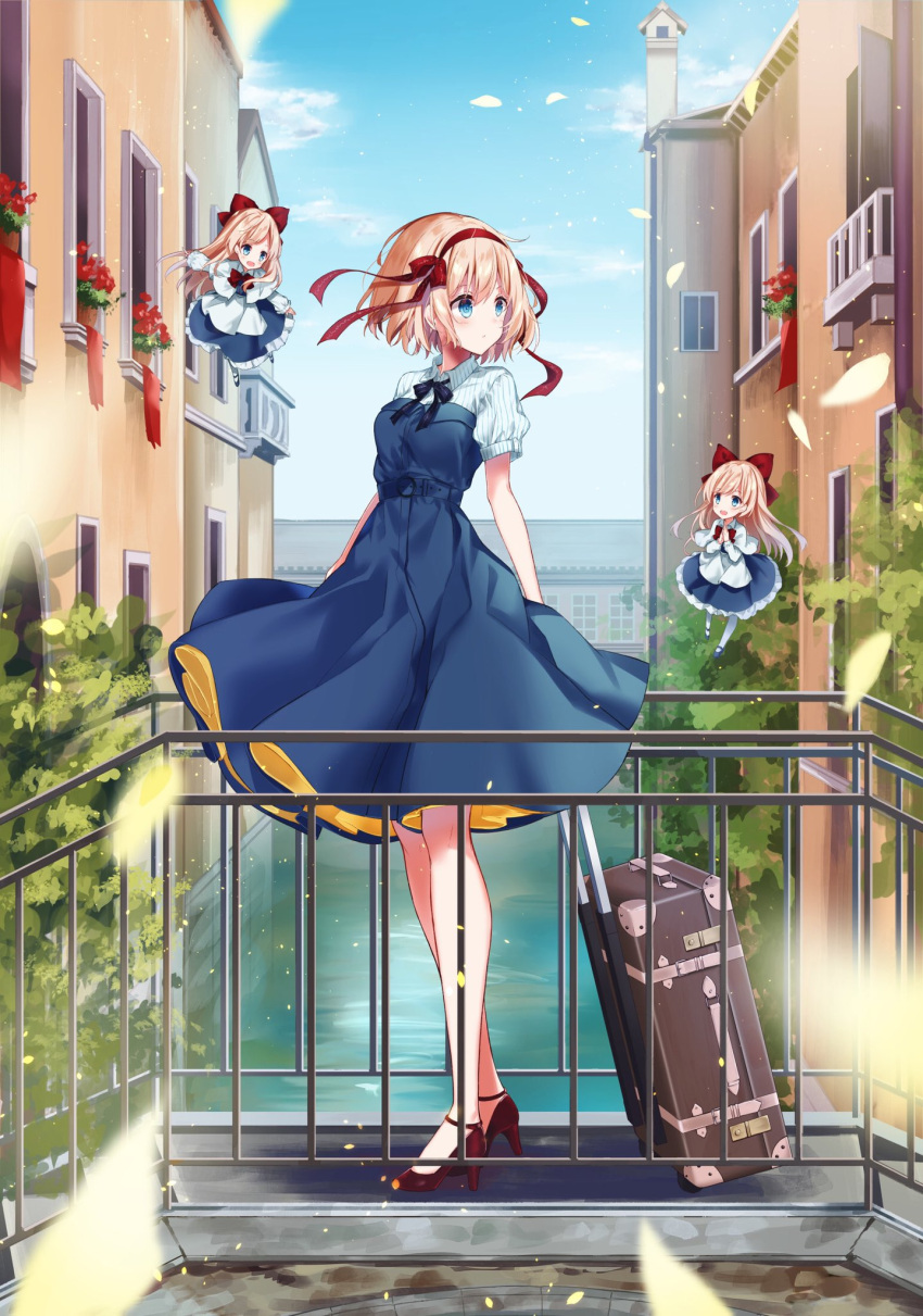 3girls :d alice_margatroid apron balcony bangs belt black_footwear black_neckwear black_ribbon blonde_hair blue_belt blue_dress blue_eyes blue_shirt blue_sky blush bow bowtie breasts building capelet clouds commentary_request day dress eyebrows_visible_through_hair floating flower flower_pot full_body hair_bow hair_ribbon hairband hands_up high_heels highres kisaragi_yuri long_hair long_sleeves looking_at_another looking_to_the_side mary_janes medium_breasts multiple_girls neck_ribbon open_mouth outdoors outstretched_arms own_hands_together pantyhose petals petticoat plant potted_plant puffy_short_sleeves puffy_sleeves railing red_bow red_flower red_footwear red_hairband red_neckwear red_ribbon ribbon rolling_suitcase shanghai_doll shirt shoes short_hair short_sleeves sky smile standing strapless strapless_dress striped striped_shirt touhou vertical-striped_shirt vertical_stripes waist_apron white_apron white_capelet white_legwear window