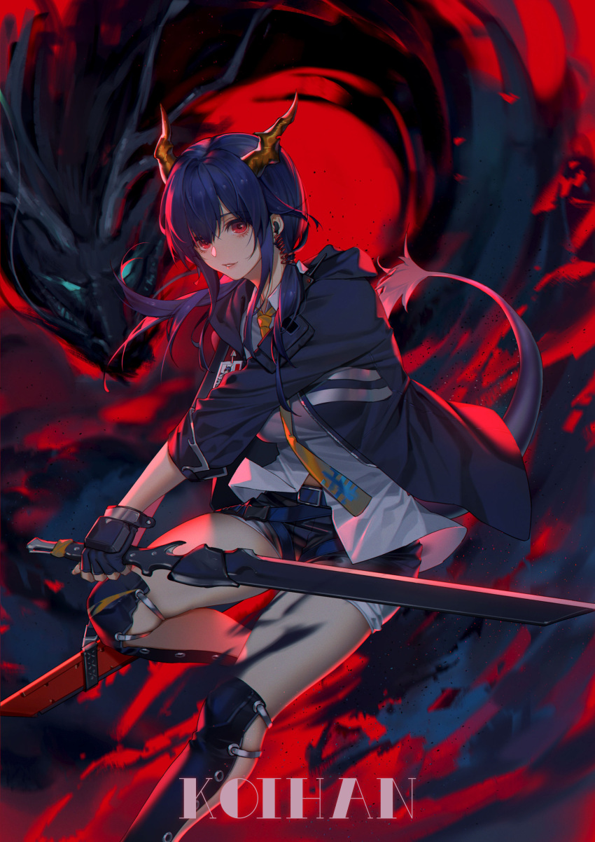 1girl absurdres arknights artist_name bangs black_gloves black_jacket blue_hair ch'en_(arknights) feet_out_of_frame fingerless_gloves gloves highres holding holding_sword holding_weapon horns jacket koi_han left-handed long_hair long_sleeves looking_at_viewer necktie parted_lips red_eyes reverse_grip shin_guards shirt short_shorts shorts sidelocks solo sword tail thighs weapon white_shirt yellow_neckwear