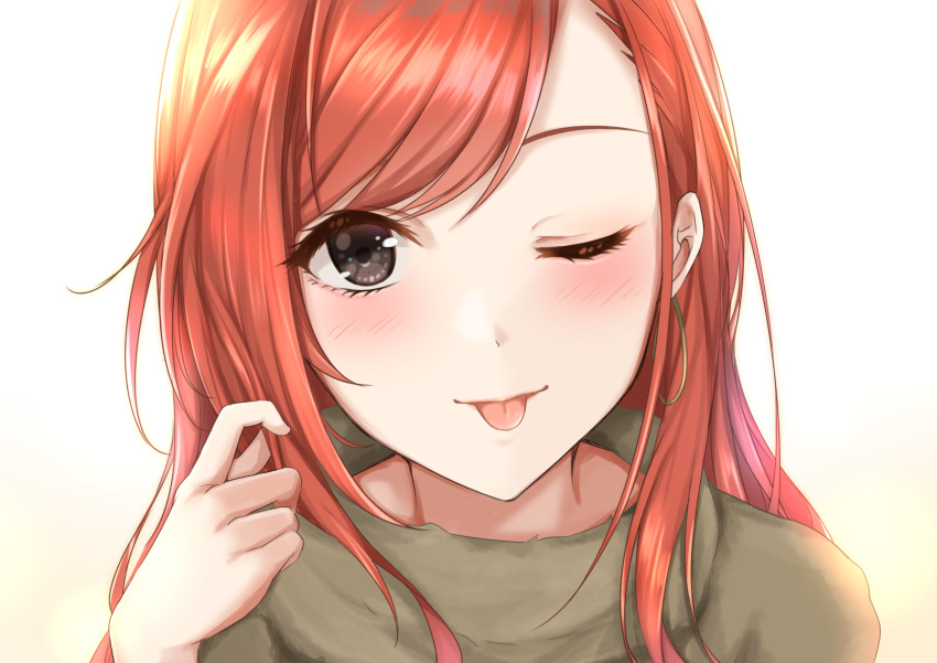 1girl arisugawa_natsuha bangs black_eyes blush brown_hair earrings highres idolmaster idolmaster_shiny_colors jewelry long_hair one_eye_closed simple_background smile solo swept_bangs tongue tongue_out yuzuyu_(hyui)