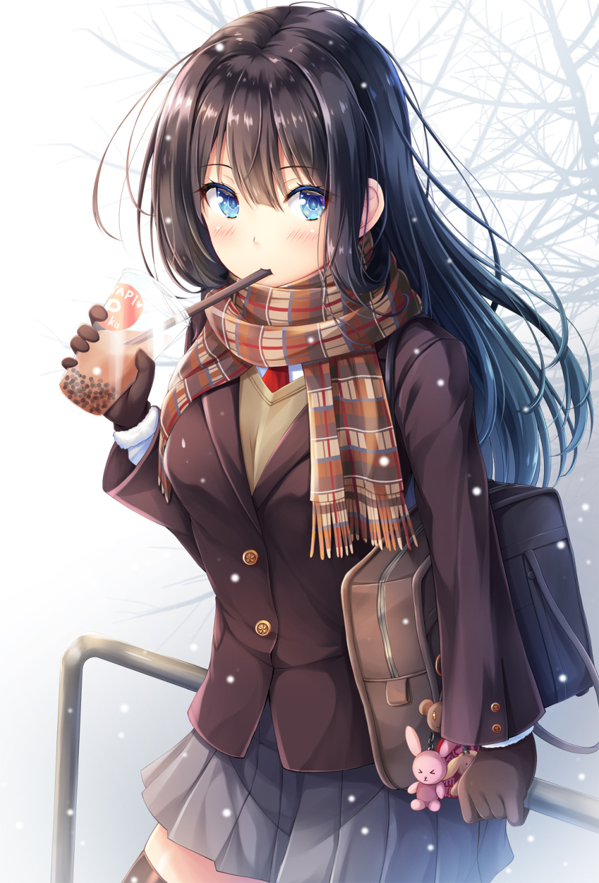 1girl akashio_(loli_ace) bag bangs beige_sweater blue_eyes blush brown_gloves brown_hair brown_jacket bubble_tea checkered checkered_scarf commentary_request cup drinking drinking_straw eyebrows_visible_through_hair gloves grey_skirt hair_between_eyes highres holding holding_cup jacket leaning_on_rail long_hair long_sleeves looking_at_viewer necktie original plaid plaid_skirt red_neckwear scarf shirt shoulder_bag sidelocks skirt snow solo white_shirt