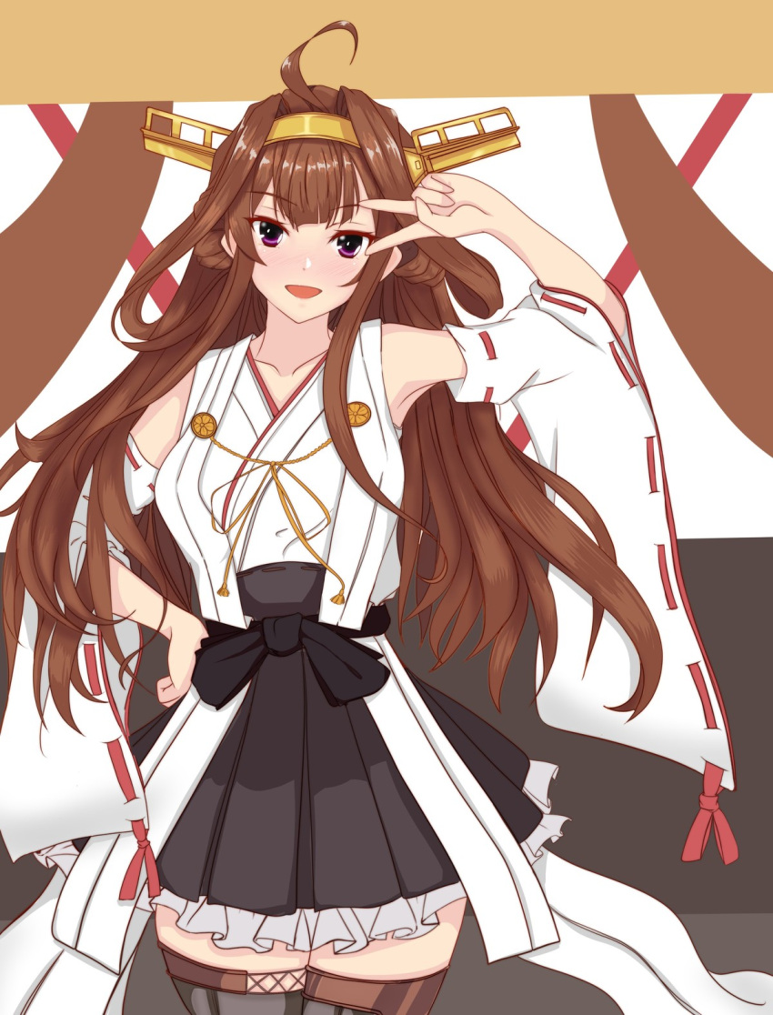 1girl :d ahoge bad_id bad_twitter_id bare_shoulders black_skirt boots brown_hair double_bun eyebrows_visible_through_hair headgear highres kantai_collection kongou_(kantai_collection) long_hair looking_at_viewer maruhi_(neetkaguya1) nontraditional_miko open_mouth pleated_skirt remodel_(kantai_collection) skirt smile solo thigh-highs thigh_boots v violet_eyes