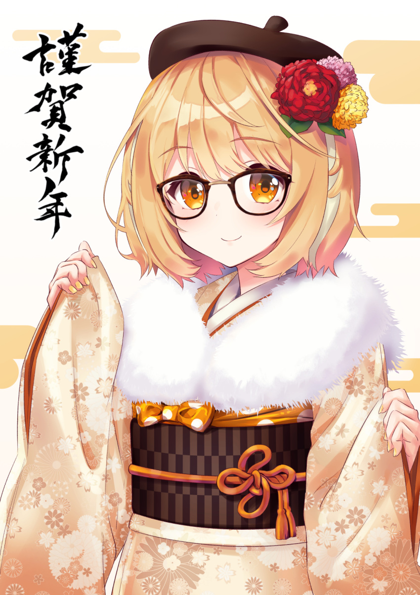 1girl alternate_costume animare blush brown_hair commentary_request flower glasses hair_flower hair_ornament hanerilove hat highres inaba_haneru_(animare) japanese_clothes kimono long_sleeves looking_at_viewer short_hair smile solo translated virtual_youtuber yellow_eyes