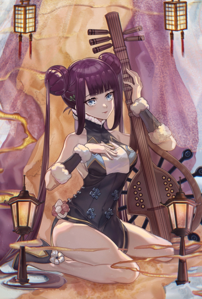 1girl bangs bare_shoulders black_dress black_footwear blue_eyes blunt_bangs blush breasts china_dress chinese_clothes closed_mouth detached_sleeves double_bun dress fate/grand_order fate_(series) hair_ornament hand_on_own_chest high_heels highres lamp large_breasts leaf_hair_ornament legs long_hair looking_at_viewer pipa_(instrument) purple_hair sidelocks sitting solo twintails very_long_hair wariza wu_se_bu_hui_(940164887) yang_guifei_(fate/grand_order)