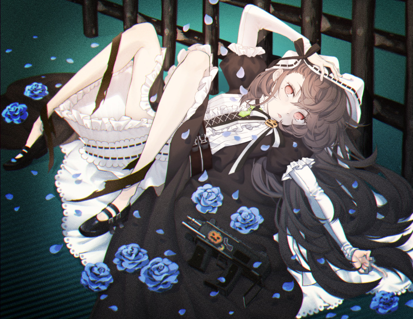 1girl bangs bare_legs black_dress black_footwear breasts brown_hair c-ms_(girls'_frontline) dress eyebrows_visible_through_hair flower full_body girls_frontline gun hair_between_eyes halloween_costume hand_on_head highres legs long_hair long_sleeves looking_at_viewer lying middle_finger mole mole_under_eye on_back open_mouth rabb_horn red_eyes shoes small_breasts solo submachine_gun weapon