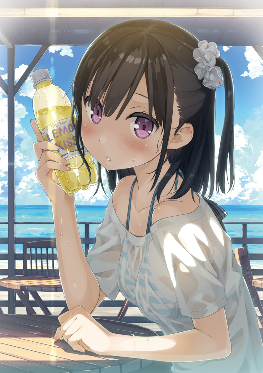 1girl bikini bikini_under_clothes black_hair blush bottle bottle_to_cheek breasts clouds cloudy_sky day from_side hair_ornament hair_scrunchie hand_up highres holding holding_bottle july kantoku looking_at_viewer ocean off-shoulder_shirt off_shoulder one_side_up original outdoors parted_lips scrunchie see-through shirt shizuku_(kantoku) sitting sky small_breasts solo striped striped_bikini sweat swimsuit teeth water water_bottle wet wet_clothes wet_shirt white_scrunchie