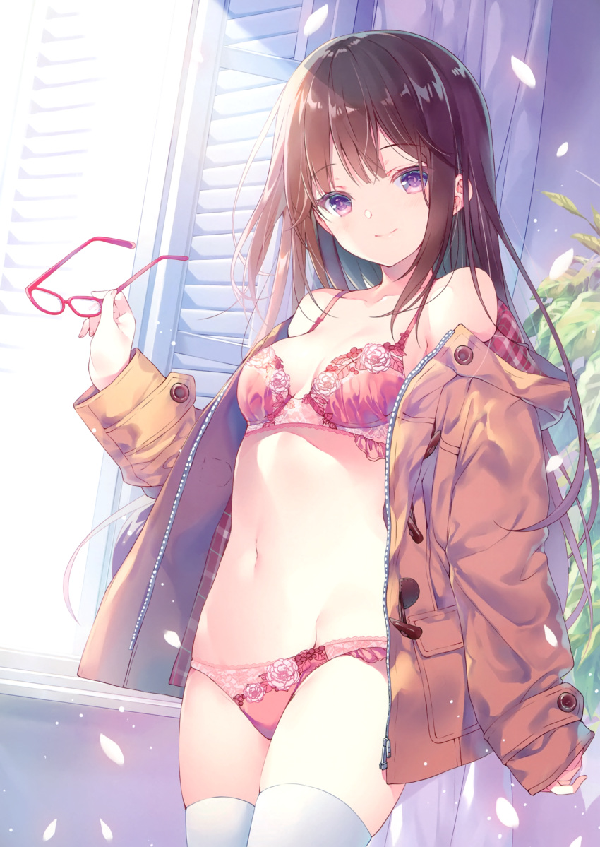 1girl absurdres bangs blush bra breasts brown_hair buttons closed_mouth collarbone day eyebrows_visible_through_hair fingernails glasses highres indoors lips long_hair long_sleeves looking_at_viewer medium_breasts miwabe_sakura navel open_clothes original panties petals red-framed_eyewear scan shiny shiny_hair smile solo stomach thigh-highs underwear violet_eyes white_legwear window