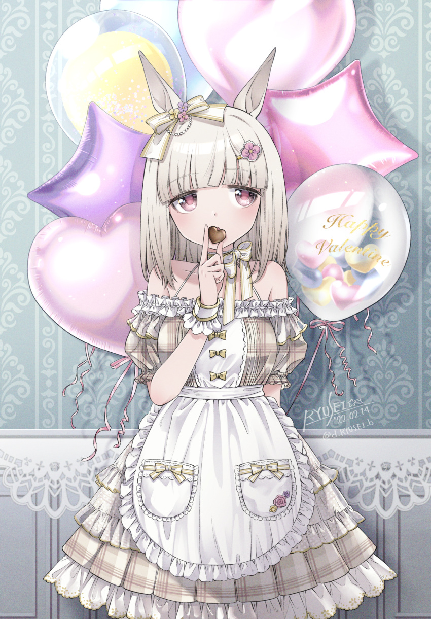 1girl :o animal_ears apron arm_behind_back artist_name balloon bangs bare_shoulders blunt_bangs blush breasts brown_hair candy chocolate choker dated dress ear_bow feet_out_of_frame food frilled_dress frills gradient_hair hair_ornament hairclip happy_meek_(umamusume) happy_valentine heart heart-shaped_chocolate highres horse_ears layered_dress medium_hair multicolored_hair off-shoulder_dress off_shoulder open_mouth pink_eyes plaid plaid_dress puzzle157xxx signature small_breasts twitter_username umamusume waist_apron