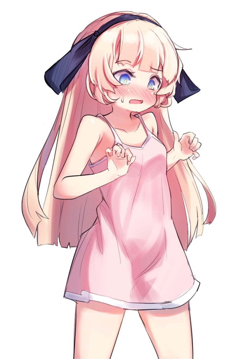 1girl arms_up blonde_hair blue_eyes blush dress hairband highres kosobin long_hair original pink_dress ribbon short_dress simple_background sleeveless sleeveless_dress solo sundress white_background