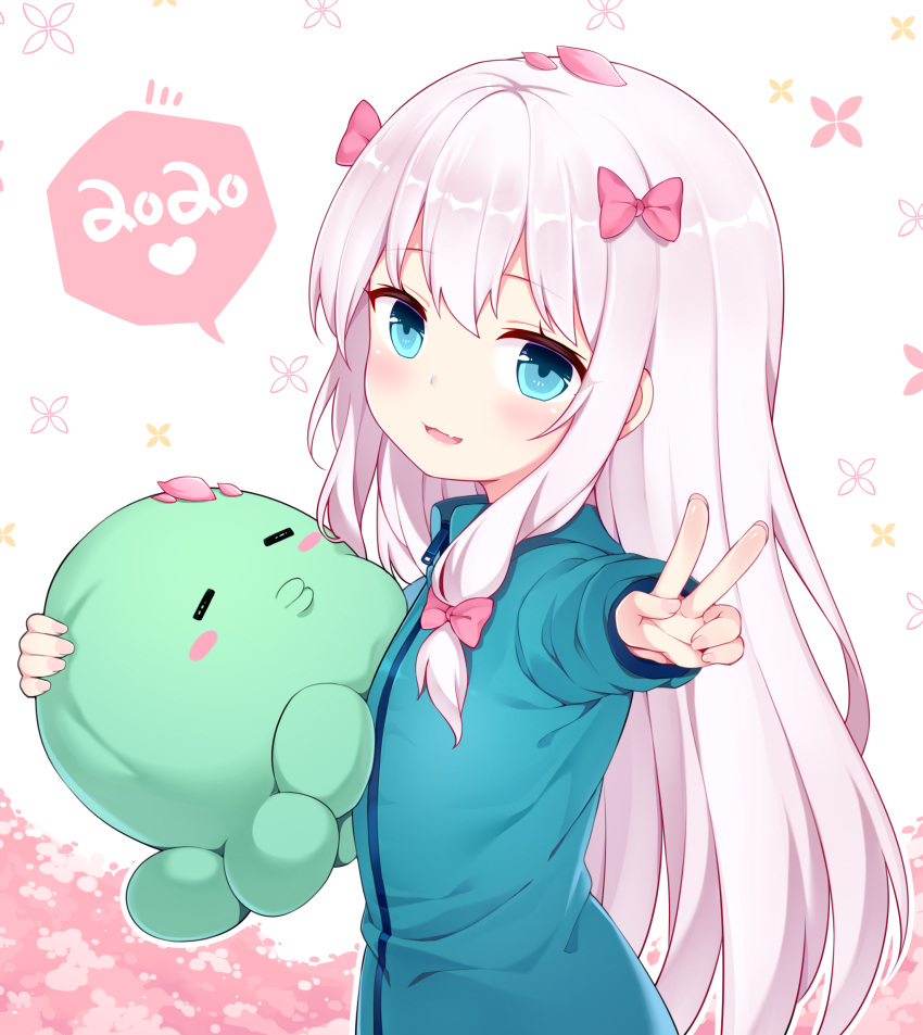 1girl 2020 absurdres blue_eyes bow commentary_request eromanga_sensei fang from_side green_jacket hair_bow highres hug izumi_sagiri jacket long_hair looking_back nomier object_hug open_mouth outstretched_arm outstretched_hand ribbon silver_hair smile solo stuffed_animal stuffed_toy upper_body v zipper