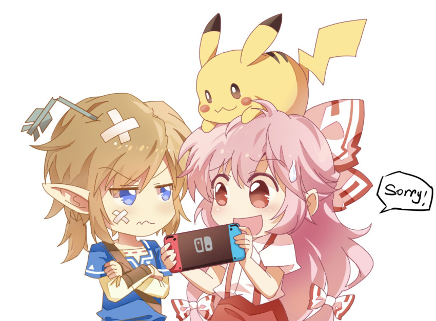 1boy 1girl :3 arrow_through_heart bandaid bangs blonde_hair blue_eyes blue_tunic bow broken_arrow chibi commentary crossed_arms english_text eyebrows_visible_through_hair frown fujiwara_no_mokou game_console hair_between_eyes hair_bow link long_hair long_sleeves nintendo_switch on_head open_mouth pants pikachu pink_hair pointy_ears pokemon pokemon_(game) pokemon_on_head puffy_short_sleeves puffy_sleeves red_eyes red_pants shangguan_feiying shirt short_hair short_over_long_sleeves short_sleeves sidelocks simple_background speech_bubble suspenders sweatdrop the_legend_of_zelda touhou tunic upper_body v-shaped_eyebrows very_long_hair white_background white_shirt