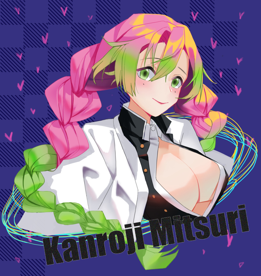 1girl absurdres bangs black_shirt blue_background blush braid breasts center_opening character_name cropped_torso gradient_hair green_hair hair_between_eyes haori highres japanese_clothes kanroji_mitsuri kimetsu_no_yaiba large_breasts lielie01 long_hair looking_at_viewer multicolored_hair pink_hair shirt smile solo twin_braids twintails upper_body