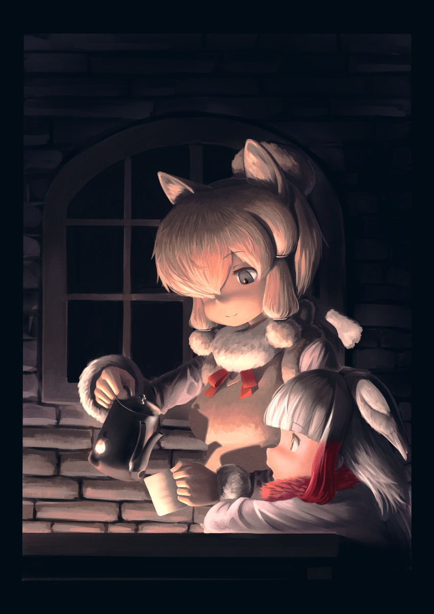 absurdres alpaca_ears alpaca_suri_(kemono_friends) animal_ears arm_rest bangs bird_wings blonde_hair blue_eyes blunt_bangs blush border brick_wall closed_mouth commentary_request cup eyebrows_visible_through_hair from_side fur-trimmed_sleeves fur_collar fur_scarf fur_trim hair_bun hair_over_one_eye hands_up head_rest head_wings highres holding holding_cup holding_teapot indoors japanese_crested_ibis_(kemono_friends) kemono_friends light long_hair long_sleeves looking_at_another looking_down medium_hair metal neck_ribbon night nose_blush okome_kogashi open_mouth redhead reflection ribbon scarf shade shirt sidelocks smile sweater_vest table teacup teapot white_hair window wings yellow_eyes