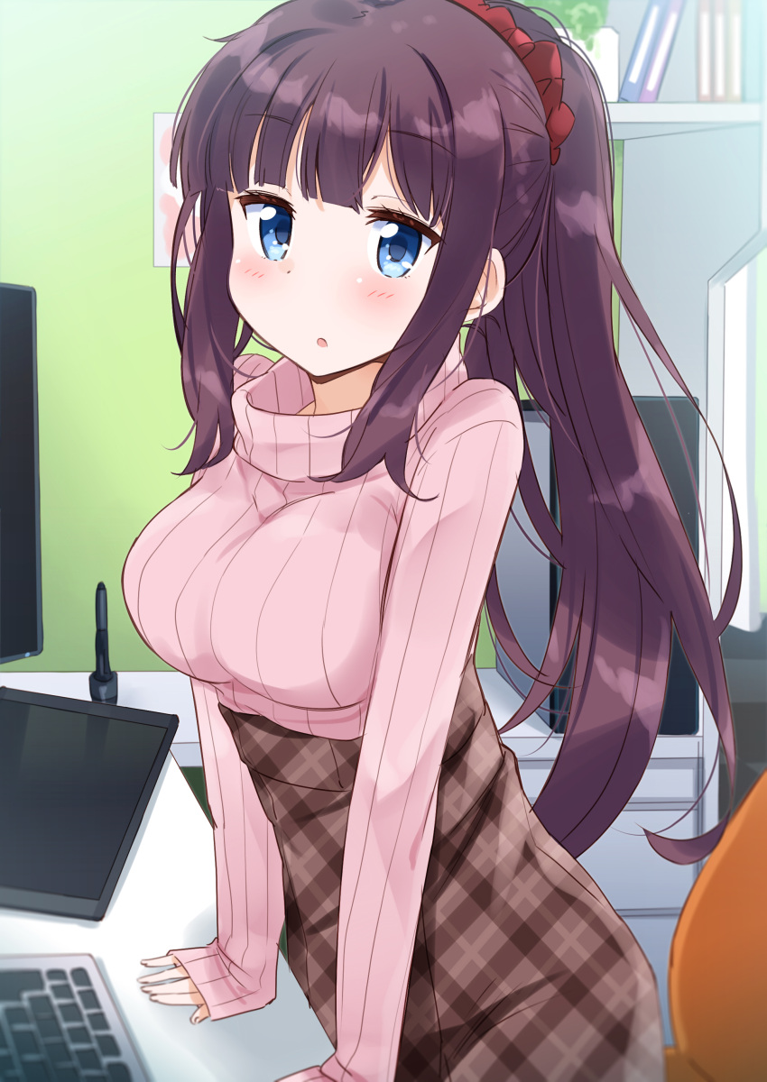 1girl absurdres bangs black_hair blue_eyes blunt_bangs breasts brown_skirt chair commentary_request desk drawing_tablet highres keyboard_(computer) large_breasts long_hair monitor mousou_(mousou_temporary) new_game! pink_sweater plaid plaid_skirt ponytail ribbed_sweater sidelocks skirt sleeves_past_wrists solo standing sweater takimoto_hifumi very_long_hair