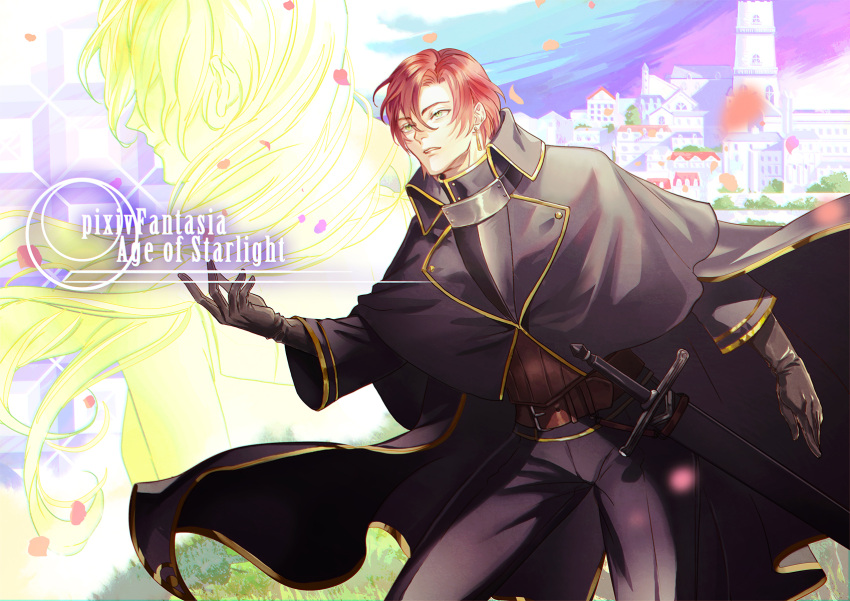 1boy bangs belt black_gloves cape copyright_name earrings gloves hair_between_eyes highres jewelry k_harris long_hair male_focus millia_(pixiv_fantasia_age_of_starlight) outdoors pants parted_bangs pixiv_fantasia pixiv_fantasia_age_of_starlight redhead sheath sheathed standing sword weapon winve_fensch