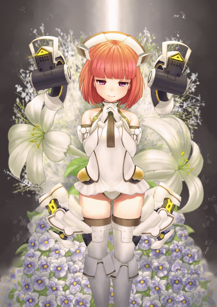10_gentleman_13 1girl aikawa_aika alice_gear_aegis bangs bare_shoulders blunt_bangs closed_mouth covered_navel eyebrows_visible_through_hair floating floating_object floral_background flower gloves hands_together headgear highres leotard mecha_musume orange_hair pink_eyes praying solo white_gloves white_legwear white_leotard white_lily
