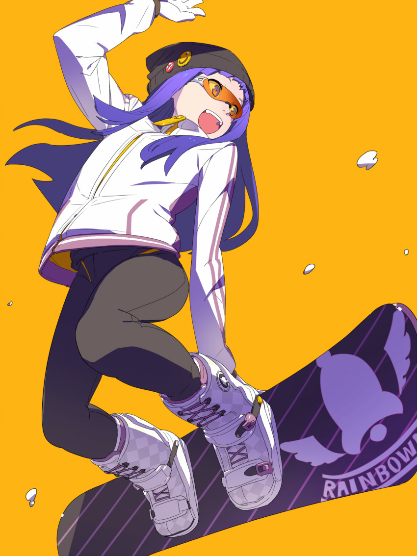 1girl :d beanie black_pants blue_hair coat gloves goggles hair_between_eyes hat highres hisho_collection jacket jumping long_hair long_sleeves nagisa_kurousagi open_mouth orange-tinted_eyewear orange_background original pants pins red_eyes simple_background smile smiley_face snow snowboard snowboarding solo white_coat white_gloves