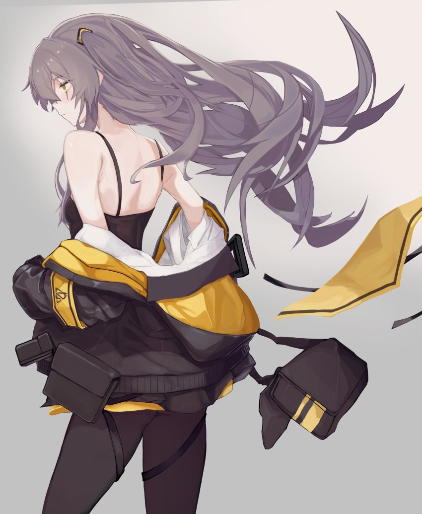 1girl absurdres bag black_legwear brown_eyes brown_hair girls_frontline gradient gradient_background grey_hair hair_ornament highres jacket miyazaki-san_(mmyyzk) one_side_up pantyhose scar scar_across_eye shirt simple_background ump45_(girls_frontline) undressing white_shirt yellow_eyes