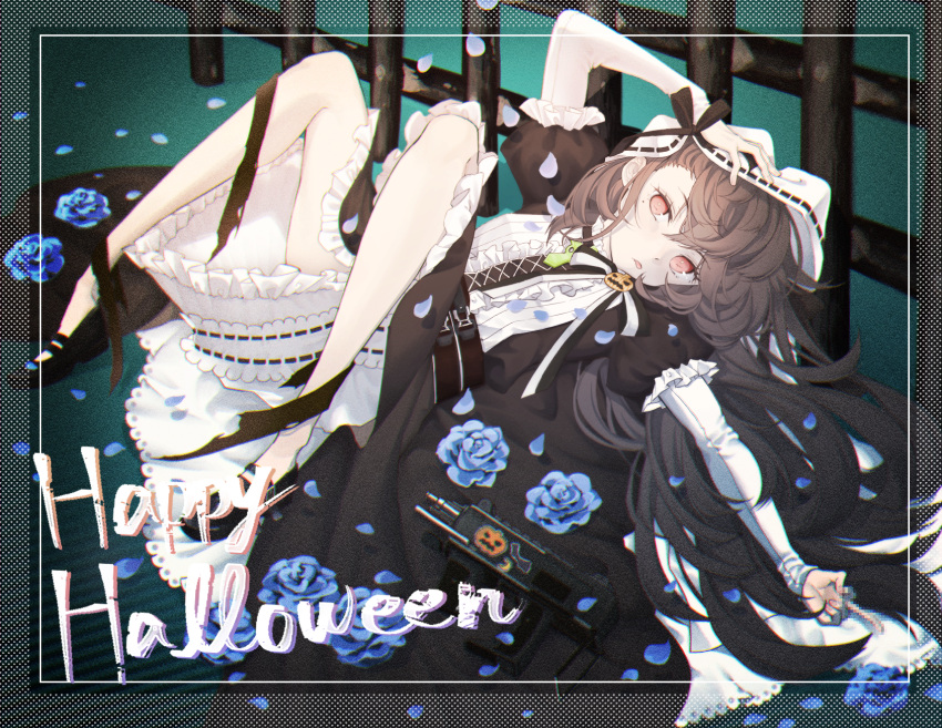 1girl bangs bare_legs black_dress black_footwear breasts brown_hair c-ms_(girls'_frontline) dress eyebrows_visible_through_hair flower full_body girls_frontline gun hair_between_eyes halloween_costume hand_on_head happy_halloween highres legs long_hair long_sleeves looking_at_viewer lying middle_finger mole mole_under_eye on_back open_mouth rabb_horn red_eyes shoes small_breasts solo submachine_gun weapon