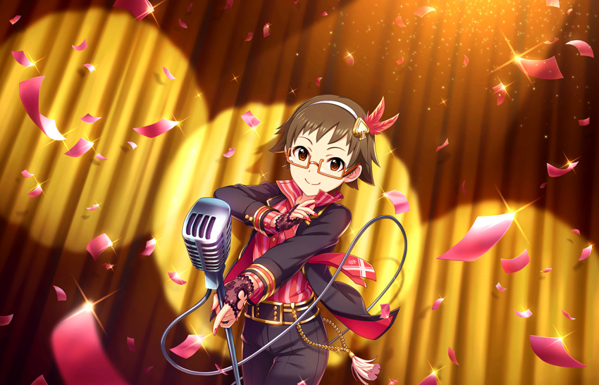 blush brown_hair glasses idolmaster_cinderella_girls_starlight_stage jacket kitagawa_mahiro red_eyes short_hair smile