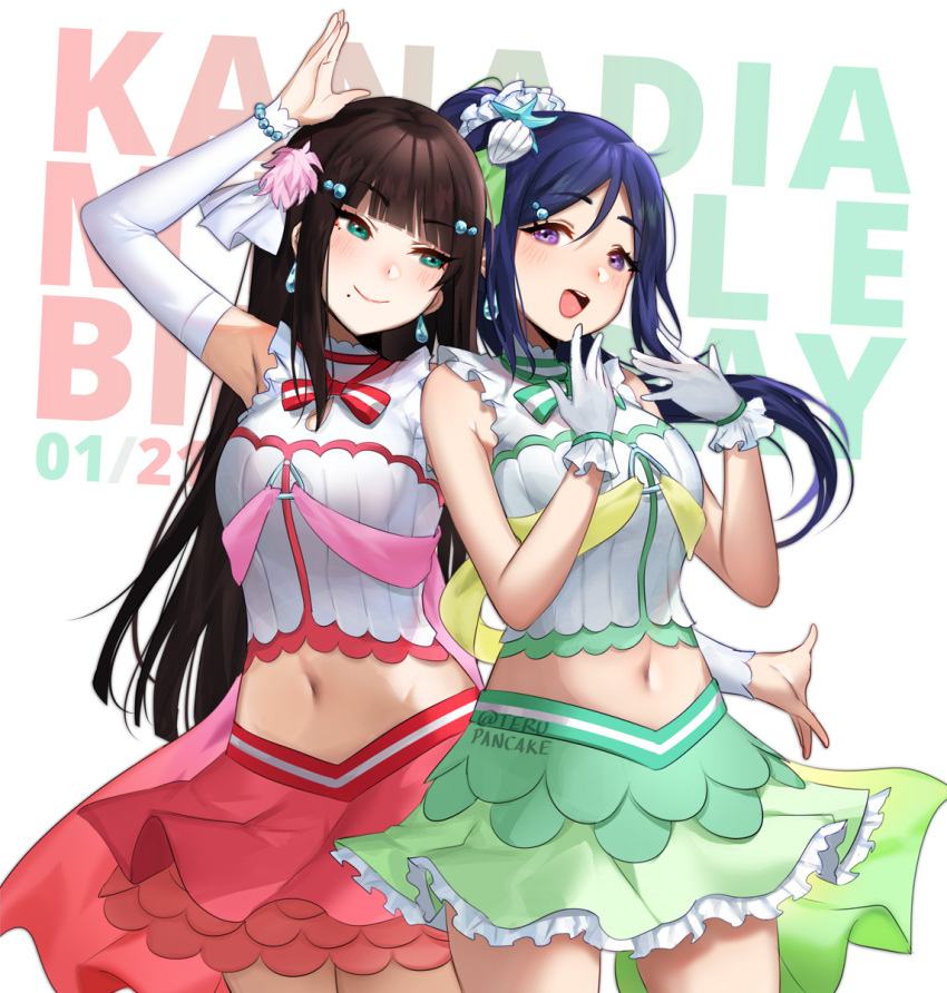 2girls :d arm_up armpits bangs blue_hair blunt_bangs bracelet breasts brown_hair commentary cowboy_shot detached_sleeves drop_earrings earrings english_commentary eyebrows_visible_through_hair gloves green_eyes green_skirt hair_ornament hair_scrunchie hairclip hands_up highres idol jewelry koi_ni_naritai_aquarium kurosawa_dia layered_skirt long_hair looking_at_another looking_at_viewer love_live! love_live!_sunshine!! matsuura_kanan medium_breasts midriff mole mole_under_mouth multiple_girls navel open_mouth outstretched_arm pearl_bracelet pink_skirt ponytail scrunchie shirt simple_background skirt sleeveless sleeveless_shirt smile terupancake twitter_username violet_eyes white_background white_gloves white_scrunchie