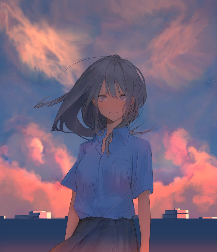 1girl bangs blue_shirt blush breast_pocket breasts clouds grey_eyes grey_hair grey_skirt highres long_hair medium_breasts original outdoors pocket shirt short_sleeves skirt sky smile solo suiso_(owp)