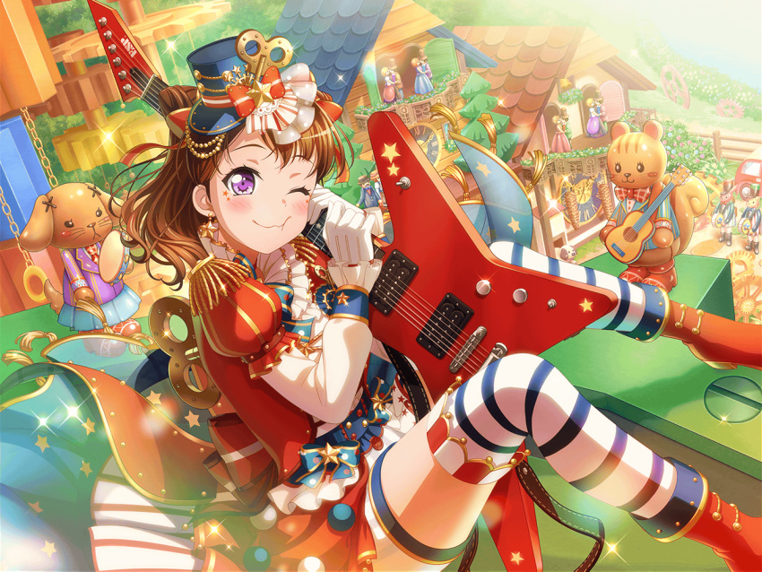 1girl bang_dream! blush brown_hair bush day dress furry grass guitar holding_instrument house looking_at_viewer official_art short_hair smile solo sparkle sunlight toy toyama_kasumi violet_eyes water wink