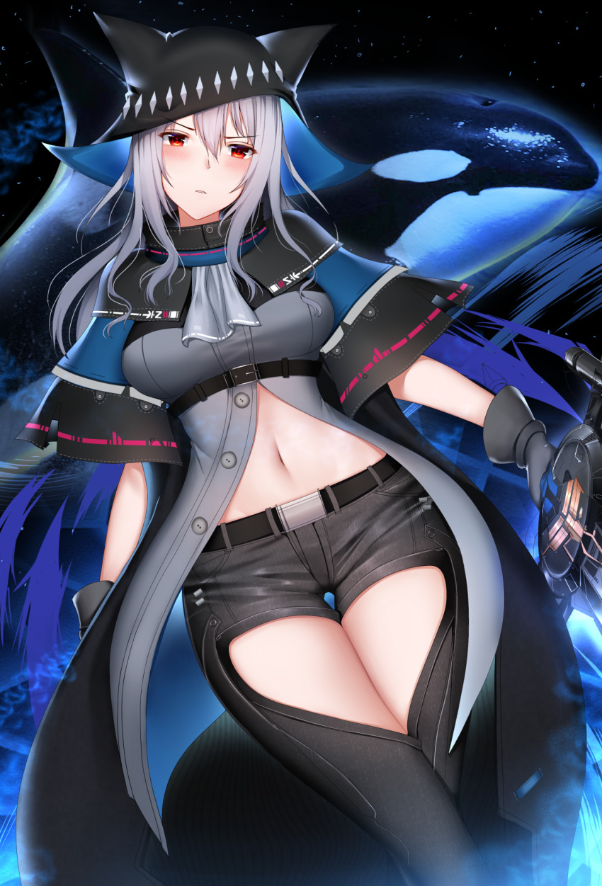 1girl arknights ascot bangs belt black_belt black_gloves black_headwear black_pants black_shirt black_sleeves blush breasts center_opening chaps cowboy_shot english_commentary eyebrows_visible_through_hair gloves grey_hair grey_neckwear hair_between_eyes hat highres holding holding_weapon large_breasts long_hair looking_at_viewer navel night night_sky orca pants parted_lips partially_unbuttoned qqq red_eyes shirt sidelocks skadi_(arknights) sky solo_focus standing thigh_cutout underbust weapon
