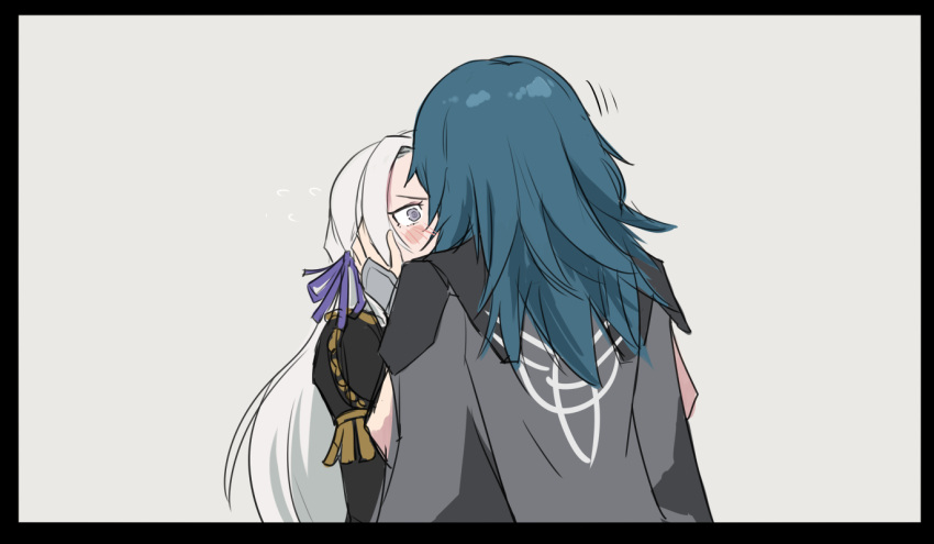 blush byleth_(fire_emblem) byleth_eisner_(female) edelgard_von_hresvelg fire_emblem fire_emblem:_three_houses garreg_mach_monastery_uniform green_hair grey_background hair_ribbon implied_kiss long_hair looking_at_another mikoyan ribbon silver_hair upper_body violet_eyes yuri