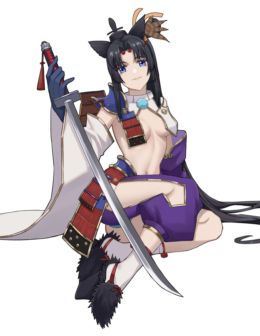 absurdres black_hair blue_eyes breasts breasts_apart detached_sleeves doris_(1349745448) fate/grand_order fate_(series) feathers gloves hair_feathers highres light_smile looking_at_viewer medium_breasts navel sideboob sidelocks sword ushiwakamaru_(fate/grand_order) weapon white_background