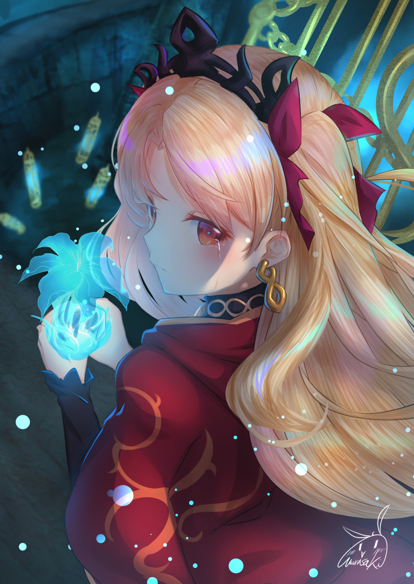 1girl absurdres blonde_hair bow cape crying diadem earrings ereshkigal_(fate/grand_order) fate/grand_order fate_(series) floating_hair from_behind hair_bow highres holding jewelry long_hair long_sleeves purple_(jobseeking) red_bow red_cape red_eyes shiny shiny_hair signature solo tears very_long_hair