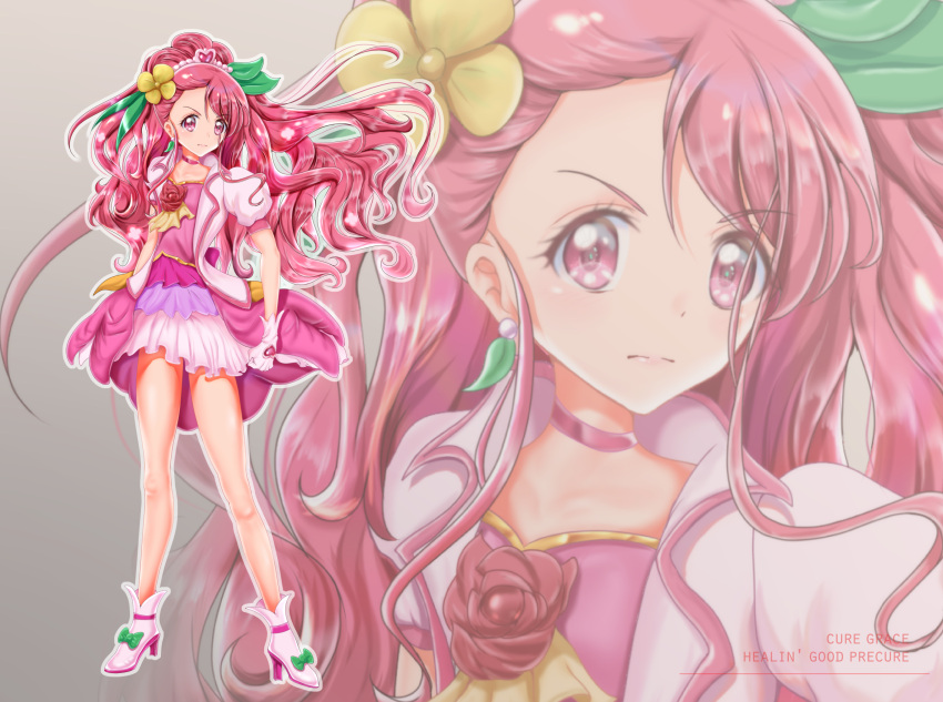 1girl asymmetrical_bangs bangs bow character_name choker clenched_hand closed_mouth collarbone copyright_name cure_grace diadem earrings floating_hair flower frown full_body gloves green_bow grey_background hair_flower hair_ornament healin'_good_precure high_heels highres jewelry layered_skirt leaf_hair_ornament long_hair mitaka multicolored multicolored_clothes multicolored_skirt pink_eyes pink_hair precure shiny shiny_hair shoe_bow shoes short_sleeves skirt solo standing tied_hair very_long_hair white_gloves yellow_flower zoom_layer