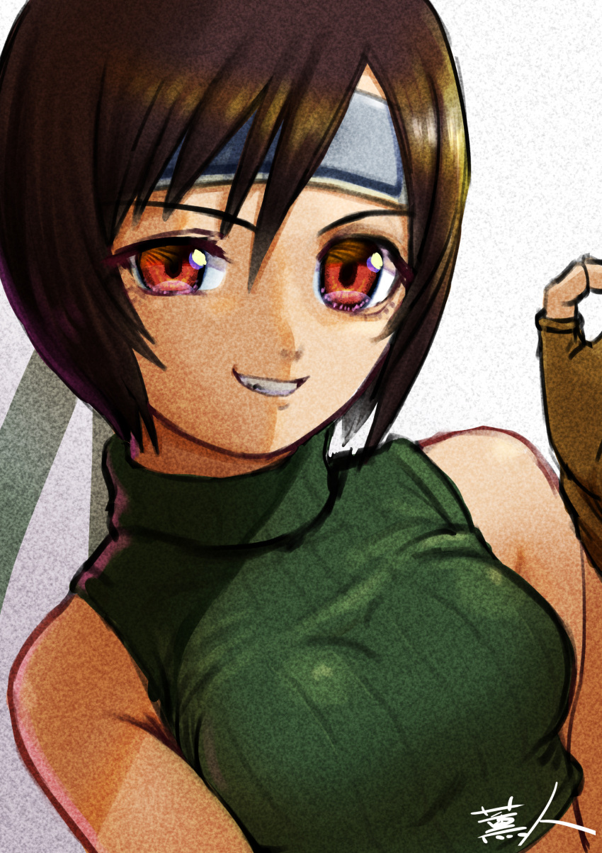 1girl bare_shoulders breasts brown_hair commentary final_fantasy final_fantasy_vii gloves headband highres looking_at_viewer masahito_(yomenu) ok_sign open_mouth short_hair simple_background sleeveless sleeveless_turtleneck smile solo turtleneck yuffie_kisaragi