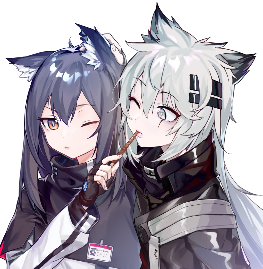2girls absurdres animal_ear_fluff animal_ears arknights bangs black_capelet black_gloves black_hair black_jacket blush brown_eyes capelet commentary eyebrows_visible_through_hair fingerless_gloves food gloves grey_eyes hair_between_eyes hair_ornament hairclip hand_on_another's_head hand_up high_collar highres holding holding_food id_card jacket lappland_(arknights) long_hair long_sleeves looking_at_another looking_at_viewer moyume_(893604064) multiple_girls one_eye_closed pocky scar scar_across_eye sidelocks silver_hair simple_background texas_(arknights) upper_body white_background wolf_ears